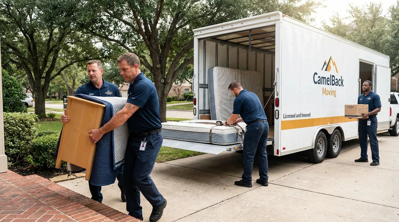 Crew loading residential truck for cross-state move from South Milwaukee, WI