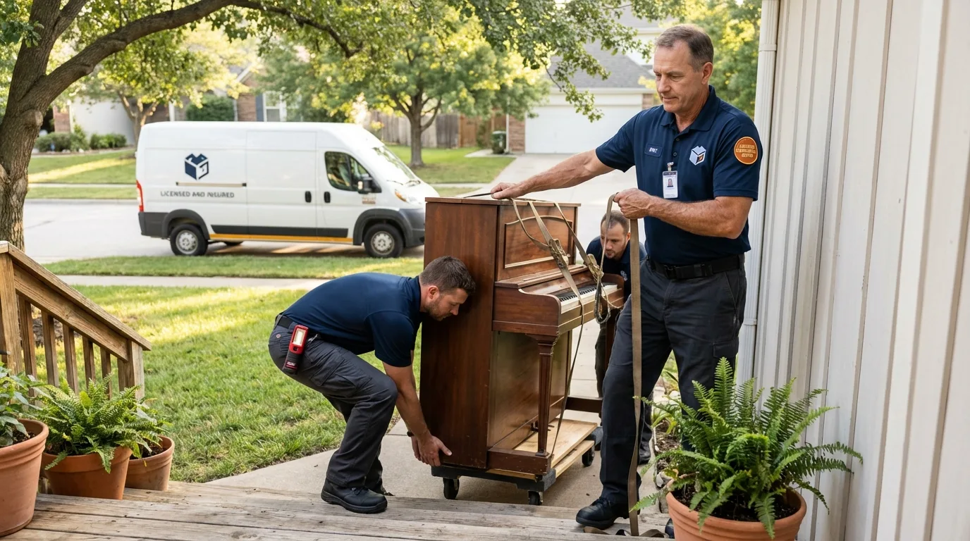 Licensed piano movers securing grand piano in South Milwaukee, WI