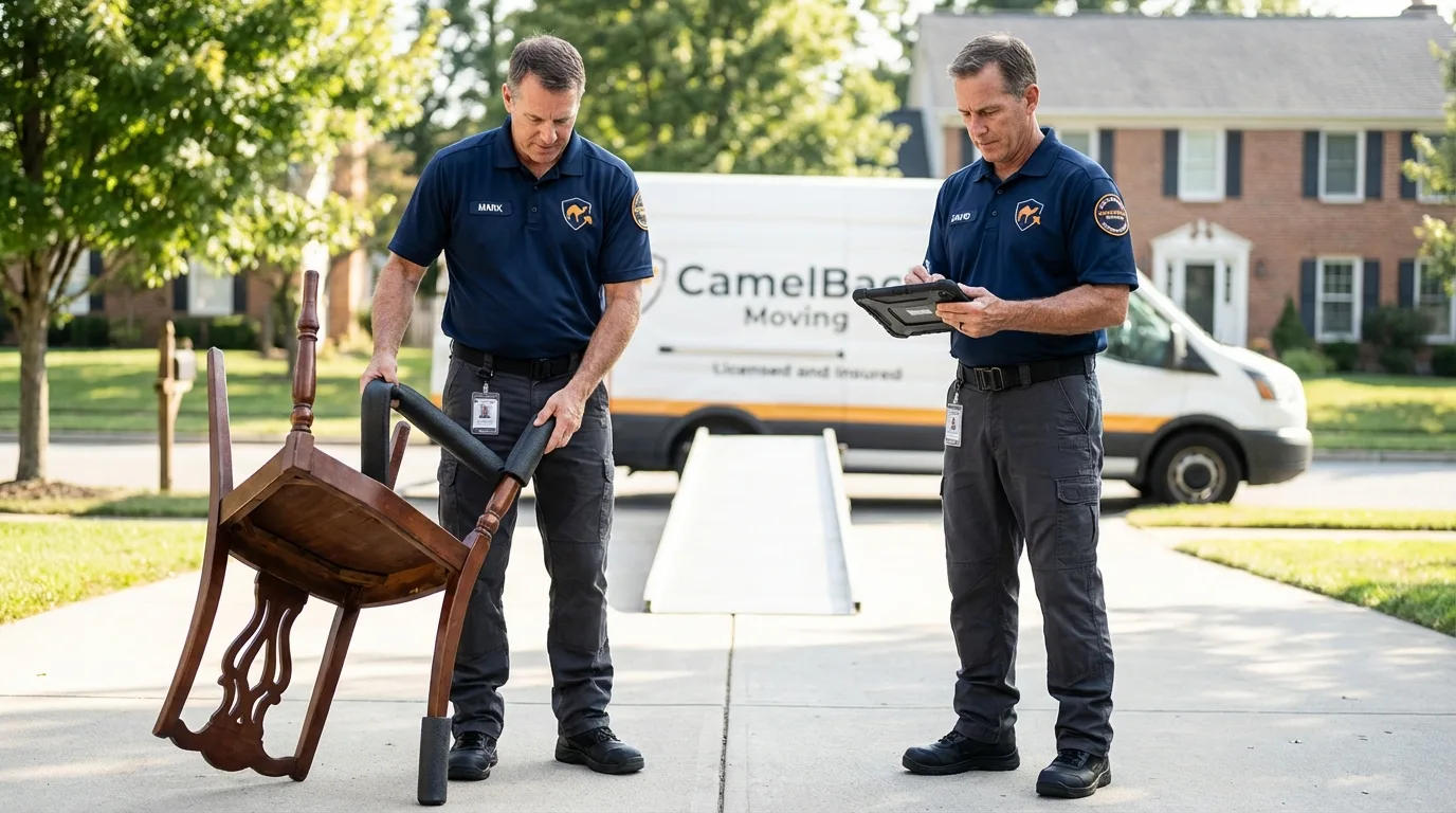 Movers inspecting furniture for damage prevention before loading in South Milwaukee, WI