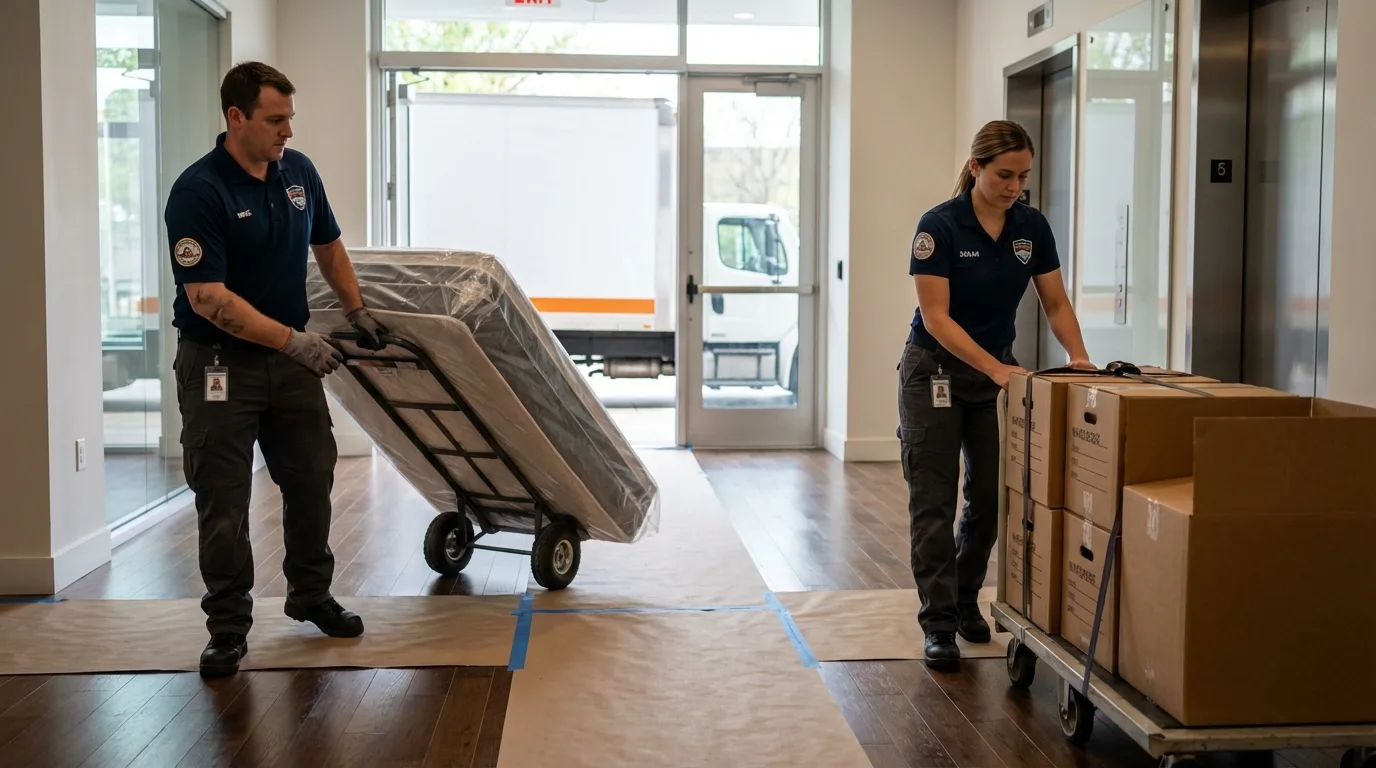 Professional apartment movers loading elevator in South Milwaukee, WI